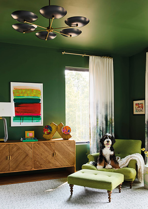 a beautifully decorated mid-century modern living room featuring a bold design technique known as color drenching