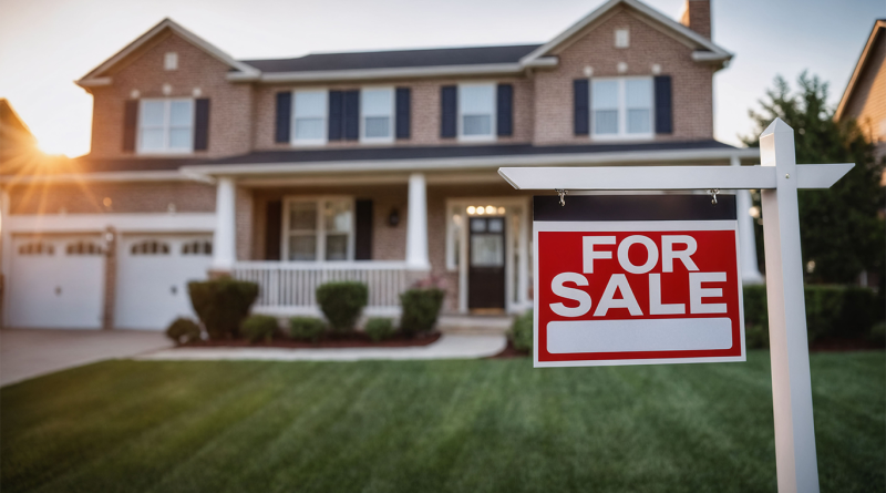 Red 'For Sale' sign in front of house