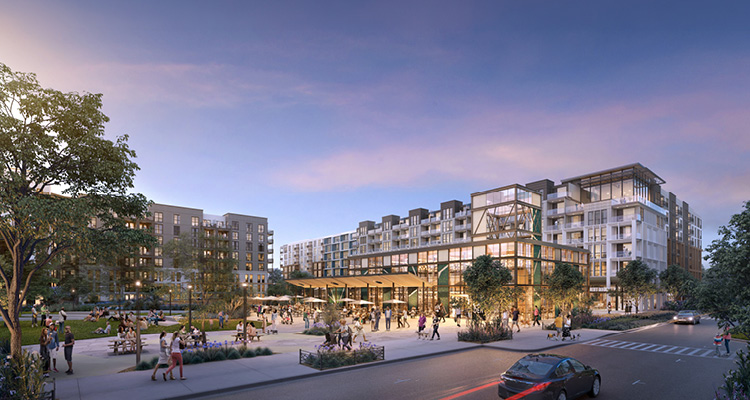 a digital architectural rendering of a vibrant, modern mixed-use urban development at dusk
