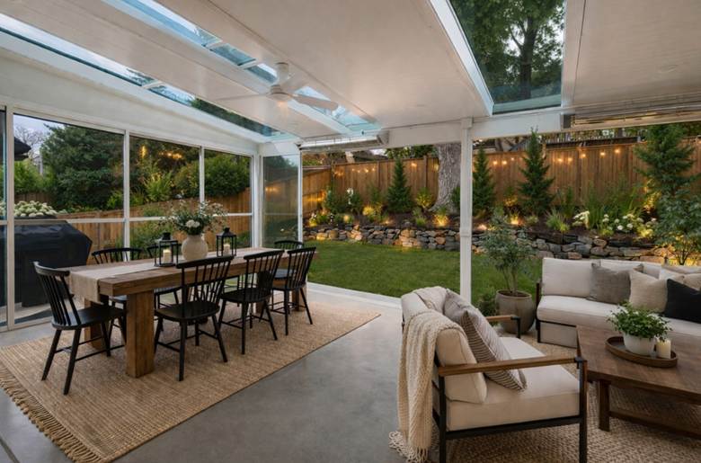 Enclosed patio room with transparent glass panels and solid roof featuring skylights. The climate-controlled space includes a dining area and seating zone with views of the landscaped yard.