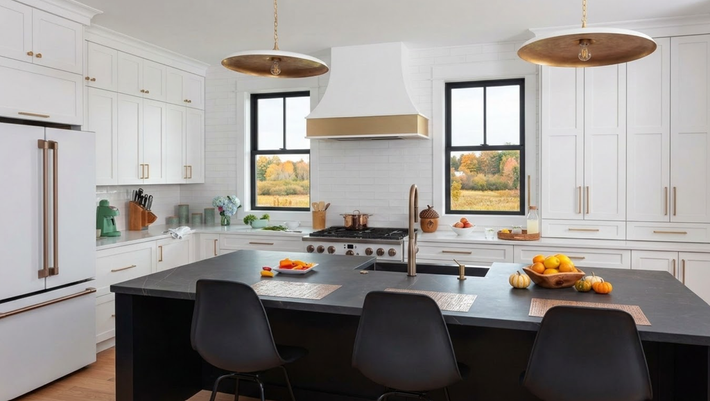 Double-hung windows with black frames bring natural light and seasonal views into this modern Wisconsin kitchen.