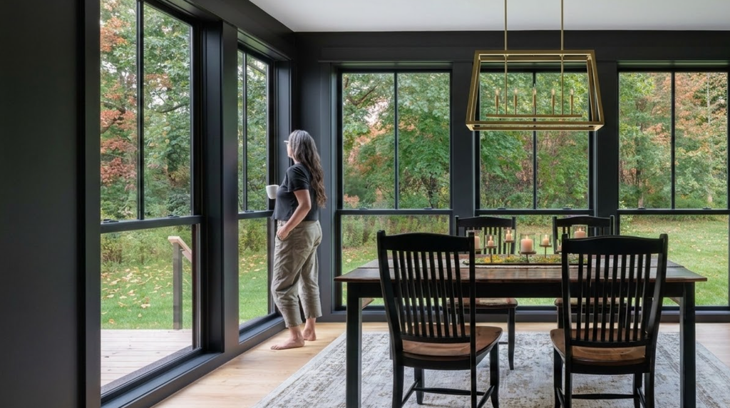 Black-framed combination windows and patio doors create dramatic architectural impact in this contemporary Wisconsin dining space. Image by Asher.