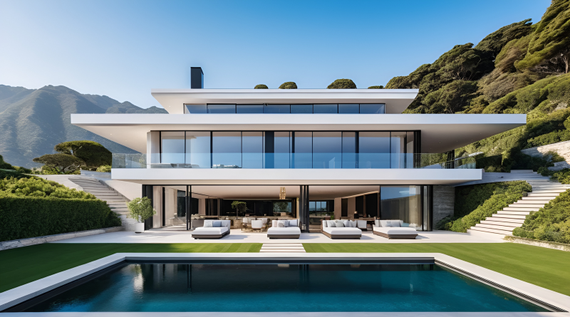 Modern luxury home with floor-to-ceiling windows, landscaped gardens and a swimming pool.