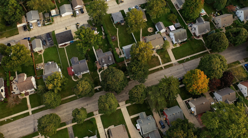 Aerial drone view of American suburban neighborhood