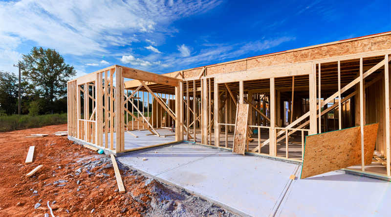 Construction site features wooden framing beams for new building