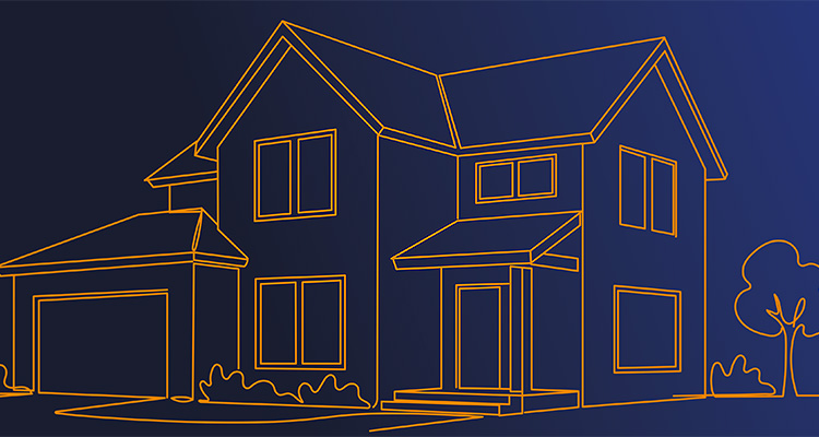 an orange wireframe outline of a two-story suburban house with an attached garage against a dark blue background