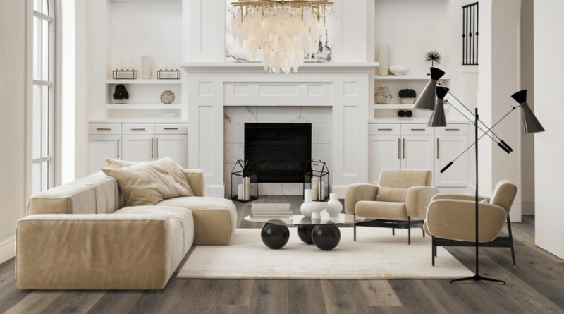 Modern family living room with durable wood-look flooring, neutral furniture and a fireplace.