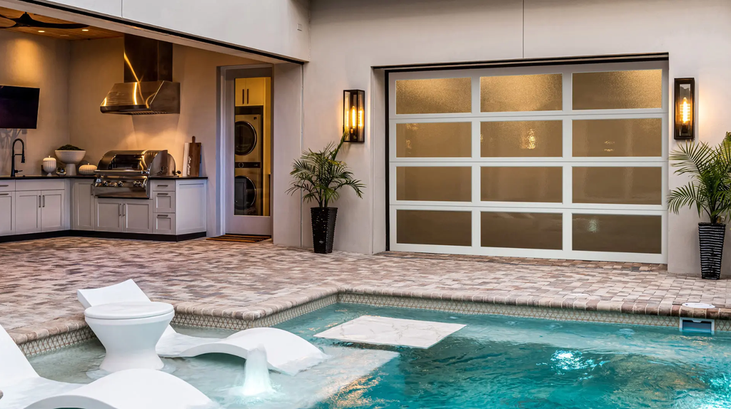 modern garage space with pool
