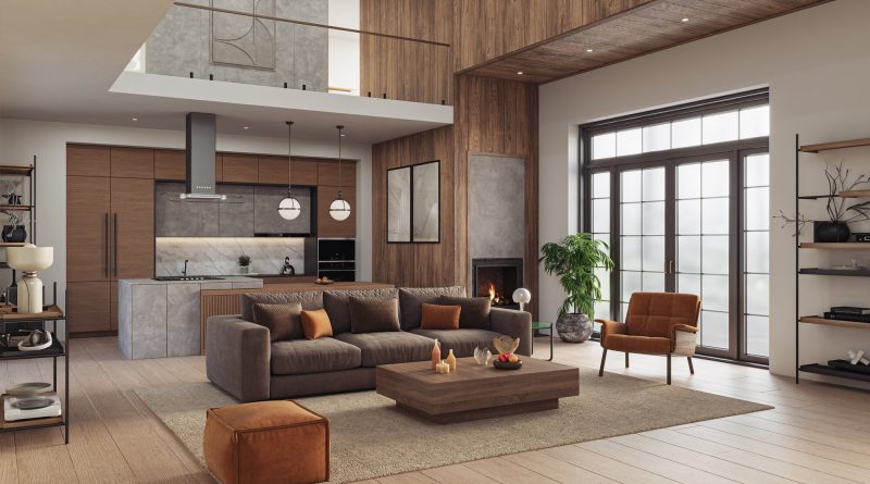 Contemporary American home interior with warm wood finishes, natural materials and an open-plan living space.