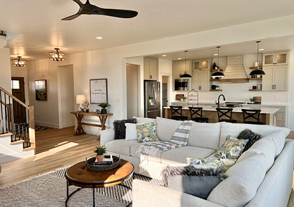 a modern, open-concept living space that seamlessly connects a living room area with a kitchen and a hallway entrance