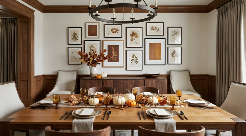 Elegant luxury home dining room with a wooden table set for holiday entertaining, featuring autumnal decorations, warm wood panelling and sophisticated interiors.