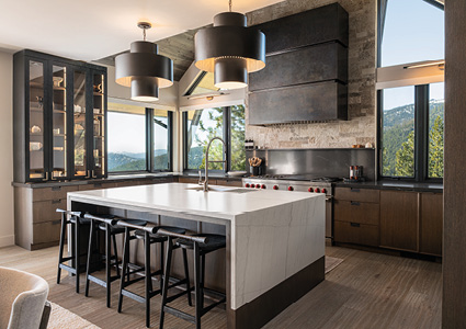 a luxury mountain-modern kitchen that seamlessly blends rustic textures with clean, contemporary design