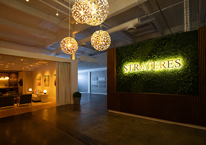 the interior entrance of the Strateres Design Studio, a 5,000-square-foot luxury smart-home and residential technology showroom located in Norwood, Massachusetts
