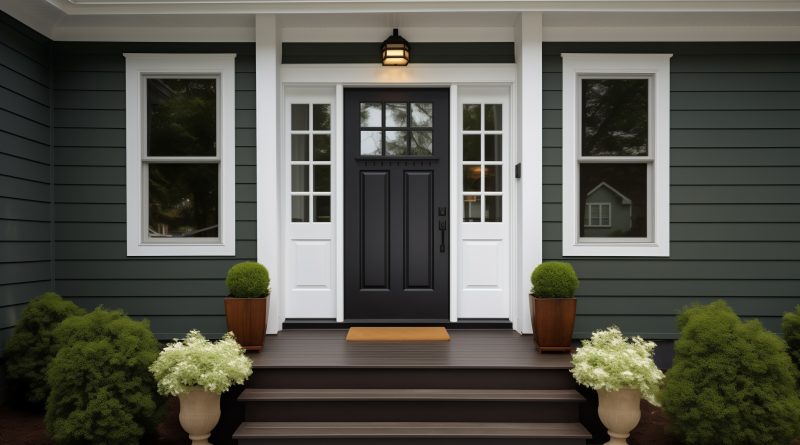 Black front entry door with white glass sidelights on a home with dark green siding and front steps.