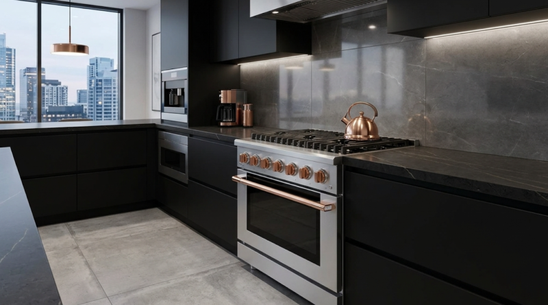 Stainless steel gas range with a lit burner below a range hood in a bright home kitchen